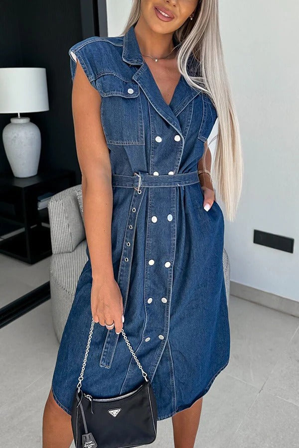 JO | Solid Color Casual Lapel Sleeveless Button Pocket Waist Tie Denim Midi Dress