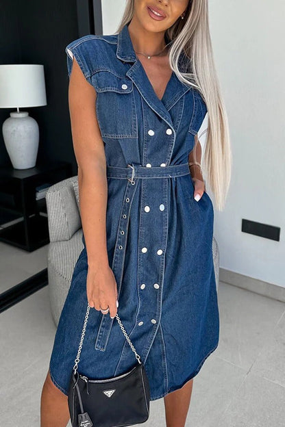 JO | Solid Color Casual Lapel Sleeveless Button Pocket Waist Tie Denim Midi Dress