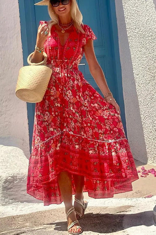 JO | Summer in Greece Boho Print Ruffle Sleeves Elastic Waist High-Low Midi Dress