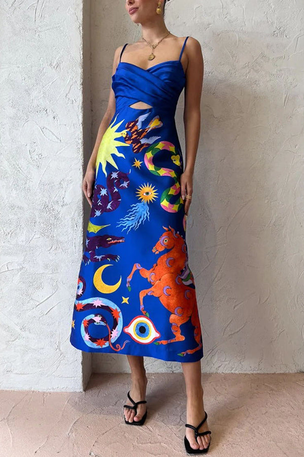 JO | Main Stage Unique Printed Ruffled Cross Over Detail Strap Midi Dress