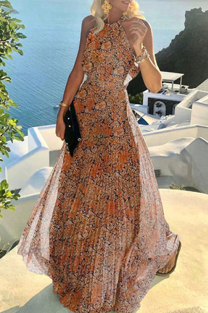 JO | Bohemian print patchwork halterneck pleated dresses