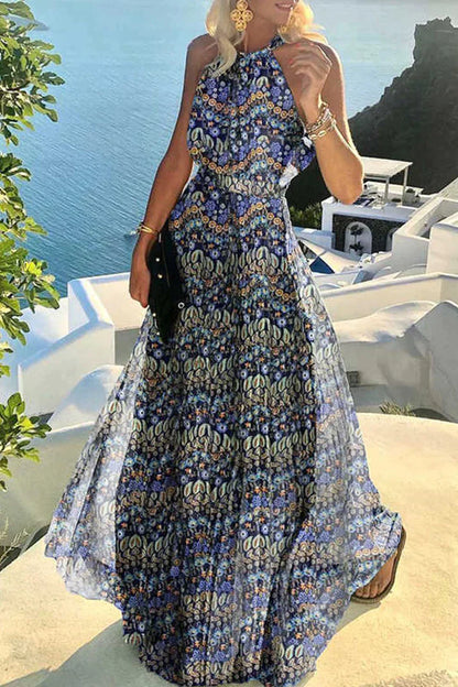 JO | Bohemian print patchwork halterneck pleated dresses