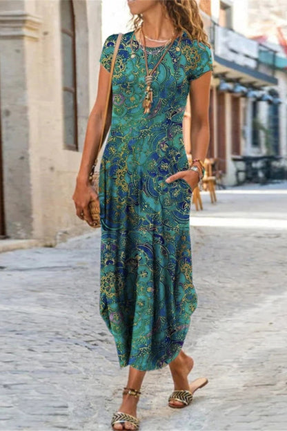 JO | Casual Street Print Patchwork O Neck Short Sleeve Dresses Dresses (10 Colors)