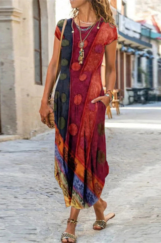 JO | Casual Street Print Patchwork O Neck Short Sleeve Dresses Dresses (10 Colors)