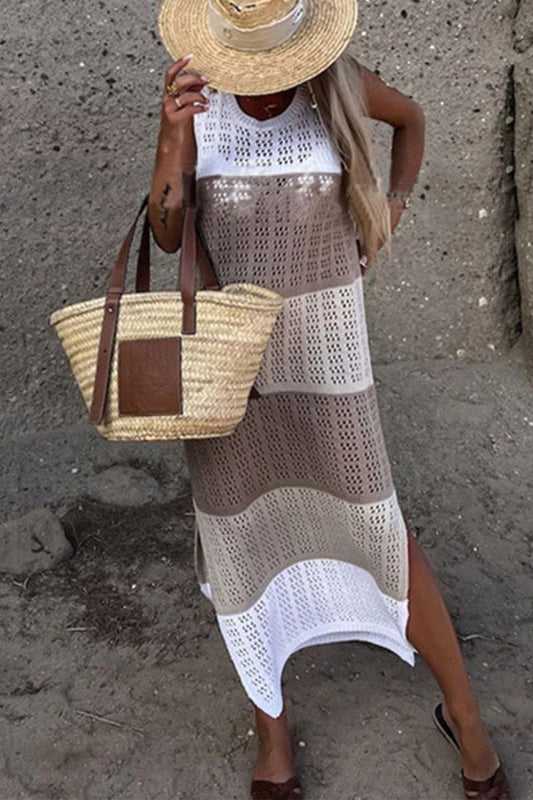 JO | Casual Vacation Solid Hollowed Slit Contrast Swimsuits Cover Up