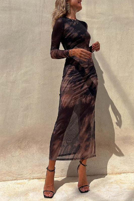 JO | Charm Lady Mesh Overlay Tie Dye Print Long Sleeve Ruffled Stretch Midi Dress