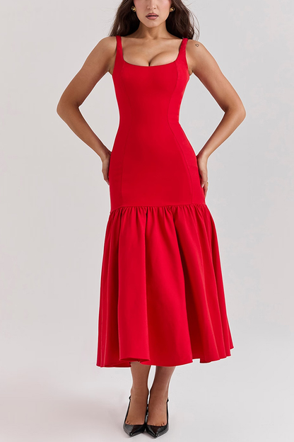 JO | Graceful Silhouette Square Neckline Wide Strap Drop Waist Midi Dress