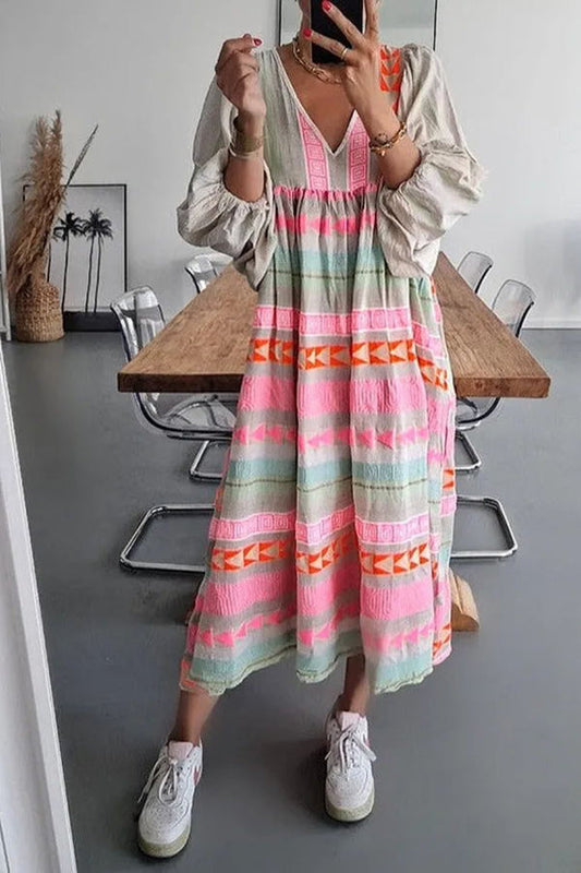 JO | Whisked Away Geometric Color Block Printed A-Line Midi Dress