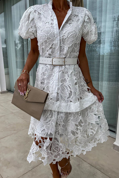 JO | Absolutely Elegant Floral Crochet Lace Puff Sleeve Belted Shirt Midi Dress