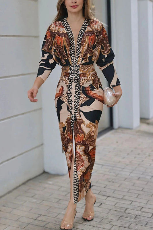 JO | Verra Unique Print Dolman Long Sleeve Ruffled Slit Midi Dress