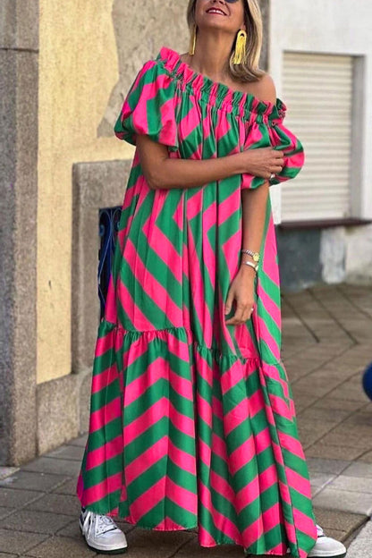 JO | Linen Blend Off Shoulder Ruffle Puff Sleeve Pocketed Midi Dress