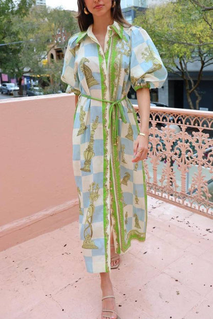 JO | Unique Printed long sleeve shirt midi dress with drawstring pocket