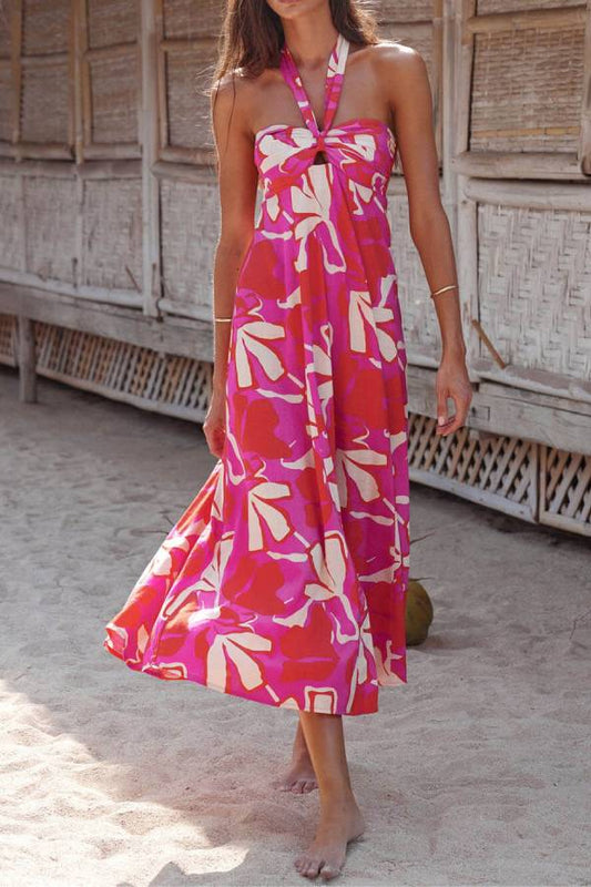 JO | Halterneck Print Berry Lotus Midi Dress