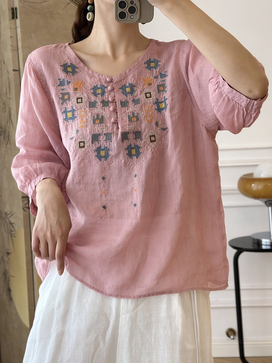 JO | Ladies Summer Ethnic Embroidery Ramie Shirt