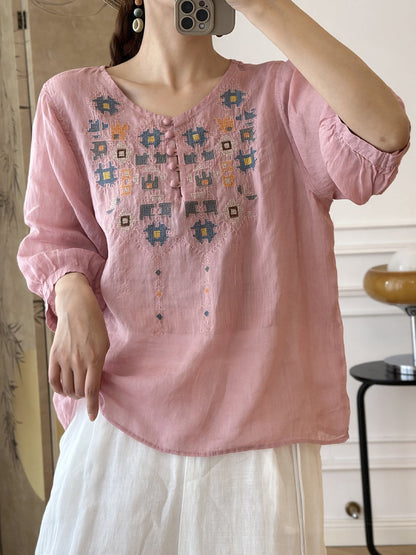 JO | Ladies Summer Ethnic Embroidery Ramie Shirt