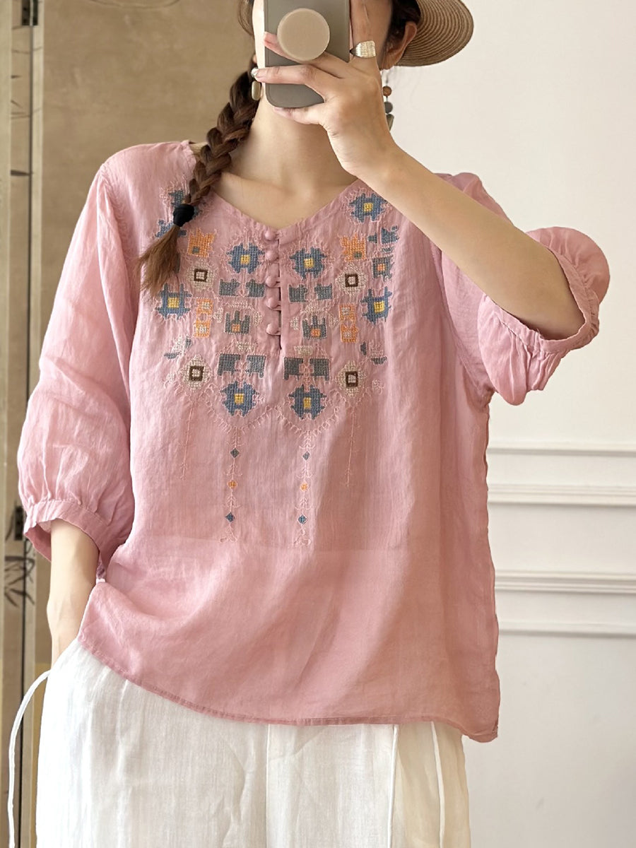 JO | Ladies Summer Ethnic Embroidery Ramie Shirt