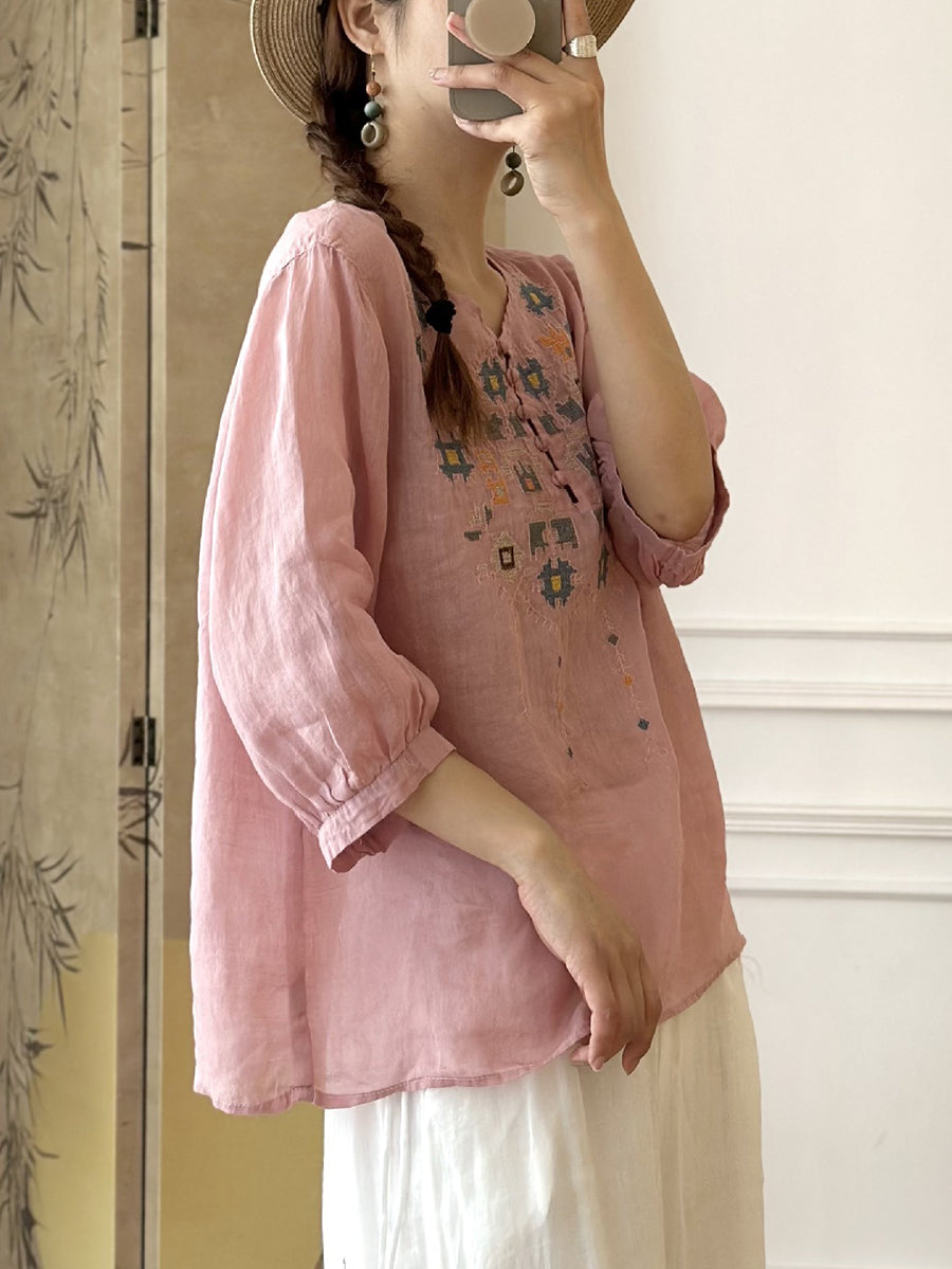 JO | Ladies Summer Ethnic Embroidery Ramie Shirt