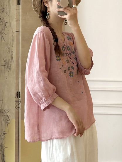 JO | Ladies Summer Ethnic Embroidery Ramie Shirt