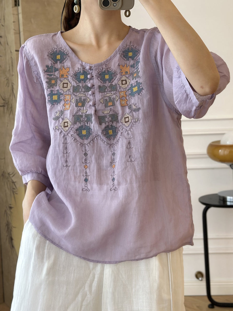 JO | Ladies Summer Ethnic Embroidery Ramie Shirt