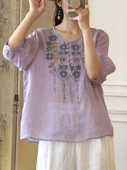 JO | Ladies Summer Ethnic Embroidery Ramie Shirt