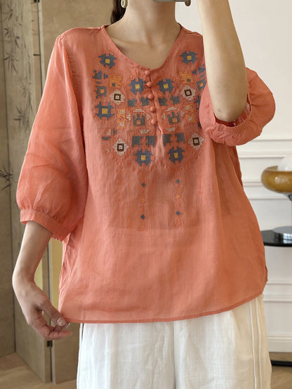 JO | Ladies Summer Ethnic Embroidery Ramie Shirt