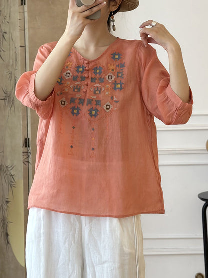 JO | Ladies Summer Ethnic Embroidery Ramie Shirt