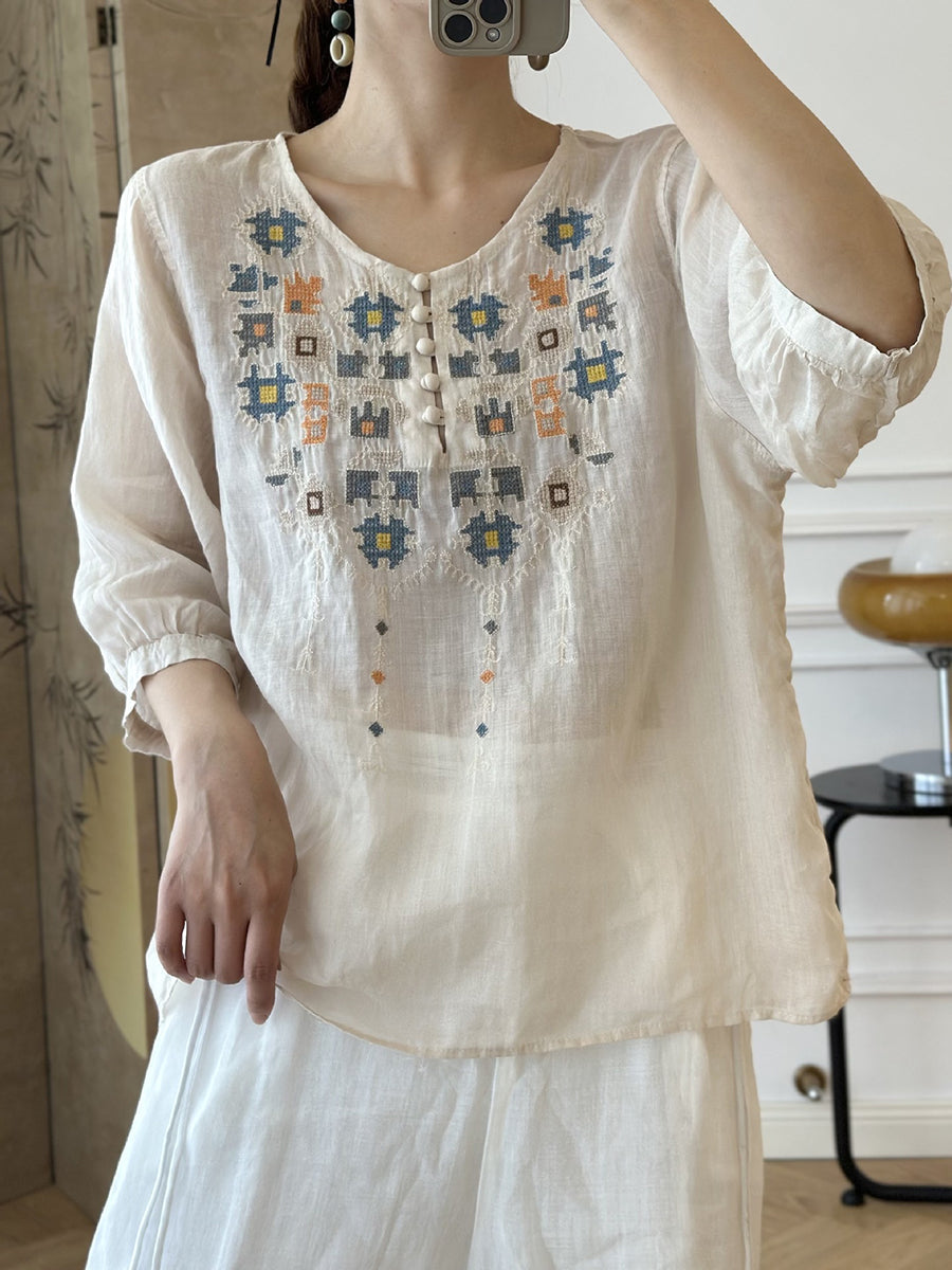 JO | Ladies Summer Ethnic Embroidery Ramie Shirt
