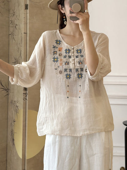 JO | Ladies Summer Ethnic Embroidery Ramie Shirt