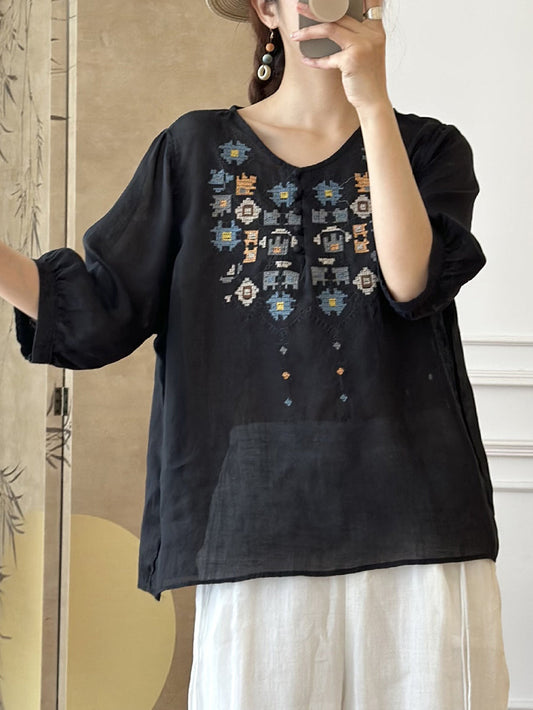 JO | Ladies Summer Ethnic Embroidery Ramie Shirt