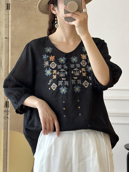 JO | Ladies Summer Ethnic Embroidery Ramie Shirt