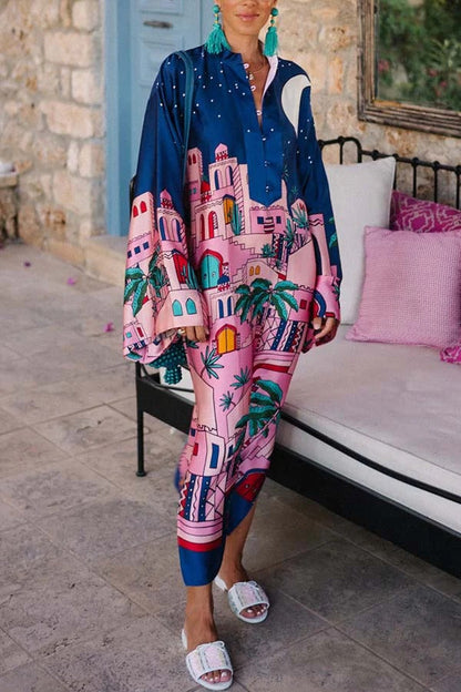 JO | Seaside Stroll Satin Unique Print Button Up Long Sleeve Slit Kaftan Midi Dress