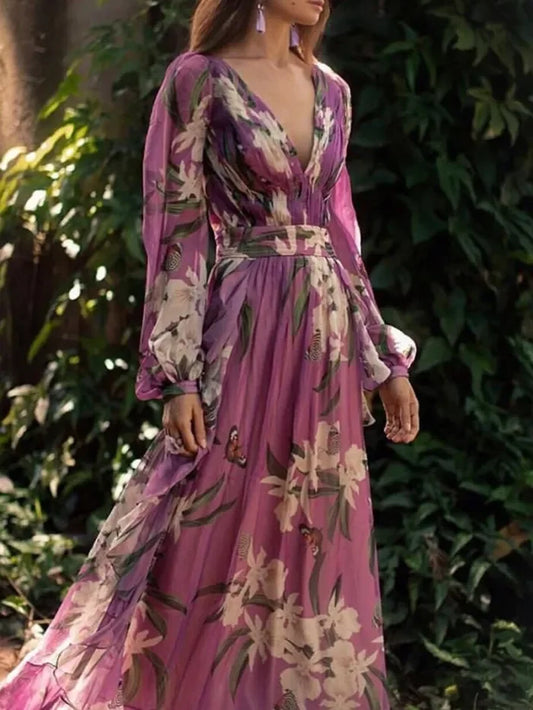 JO | New Printed chiffon wedding guest dresses with V-neck and long sleeves