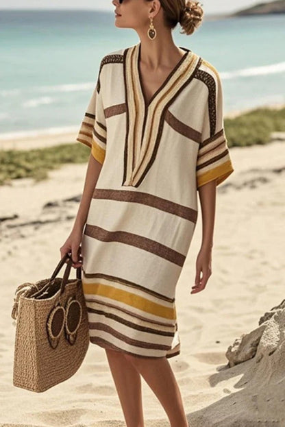 JO | Fashion Striped print V-neck Loose midi dress for vacation