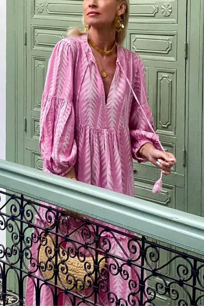 JO | Marrakech Stories Linen blend printed midi dress with balloon sleeves and A-line pockets