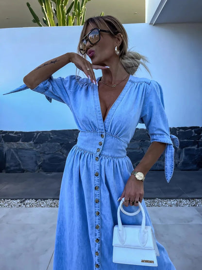 JO | stylish casual maxi dress with buttons in blue