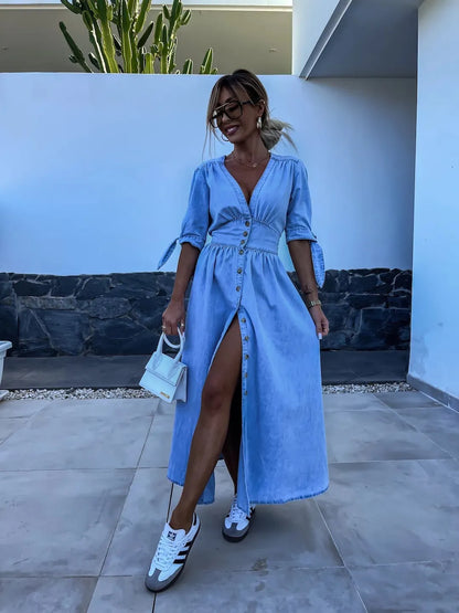 JO | stylish casual maxi dress with buttons in blue