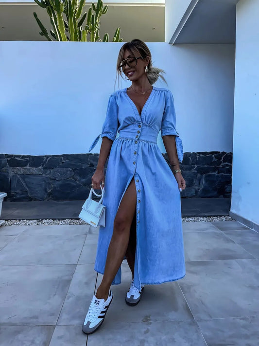 JO | stylish casual maxi dress with buttons in blue
