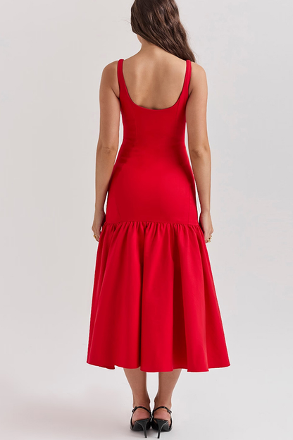 JO | Graceful Silhouette Square Neckline Wide Strap Drop Waist Midi Dress