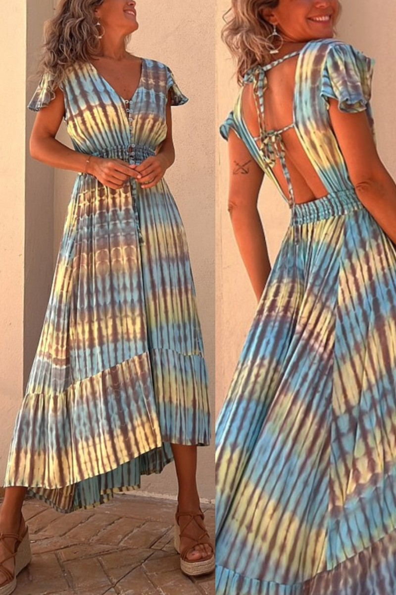 JO | Lorina Tie-dye Print Button Smocked Waist Backless Midi Dress