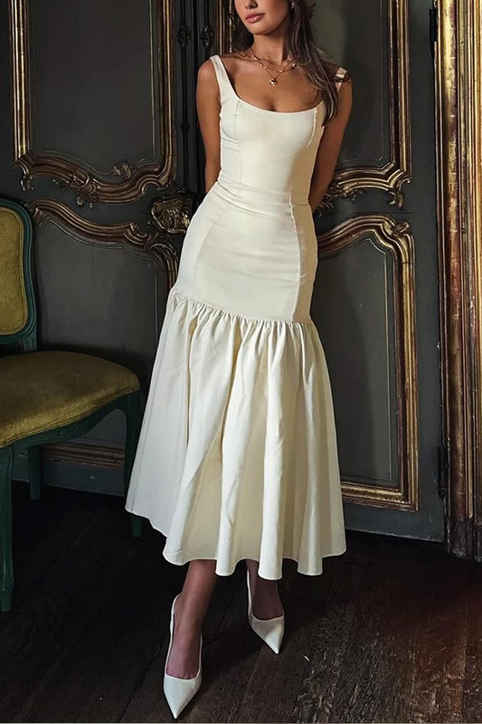 JO | Graceful Silhouette Square Neckline Wide Strap Drop Waist Midi Dress