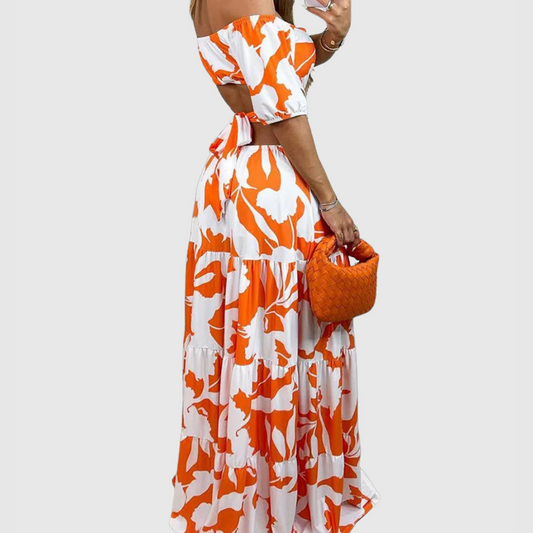 JO | Elegant midi dress with irregular grain and neckline