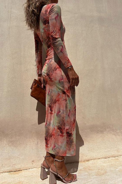 JO | Charm Lady Mesh Overlay Tie Dye Print Long Sleeve Ruffled Stretch Midi Dress