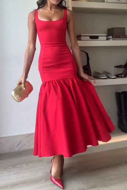 JO | Graceful Silhouette Square Neckline Wide Strap Drop Waist Midi Dress