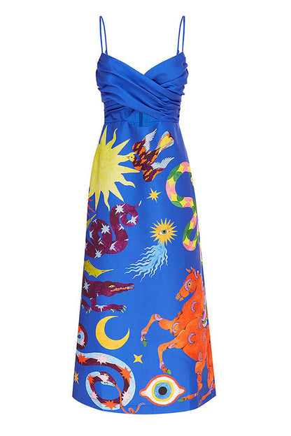 JO | Main Stage Unique Printed Ruffled Cross Over Detail Strap Midi Dress
