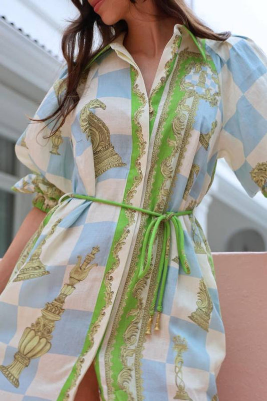 JO | Unique Printed long sleeve shirt midi dress with drawstring pocket