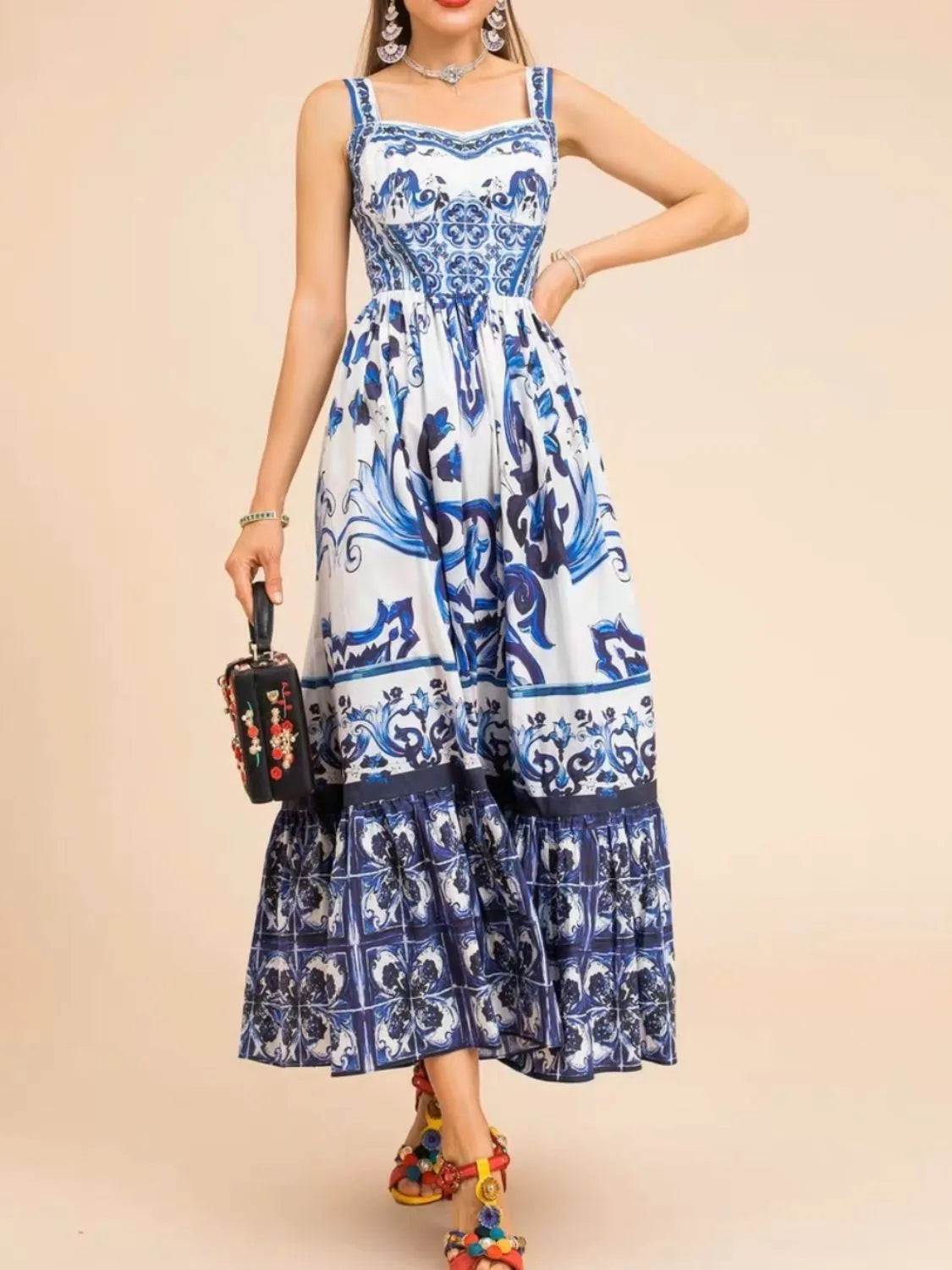 JO | Smocked printed dress with wide straps