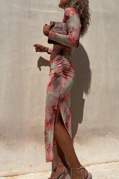 JO | Charm Lady Mesh Overlay Tie Dye Print Long Sleeve Ruffled Stretch Midi Dress