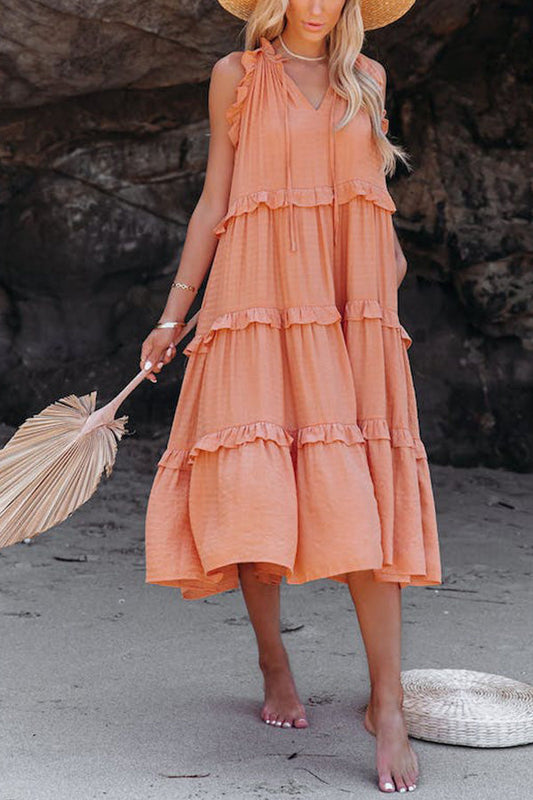 JO | COTTON BLEND, TIERED MIDI DRESS WITH POCKETS