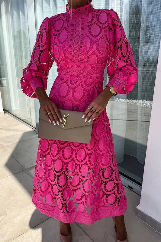 JO | Romantic, Sensual and Elegant Crochet Lace Lantern Sleeve Party Midi Dress