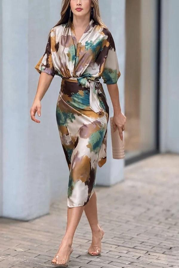 JO | Cityscape Moment Satin Tie Dye Print Half Sleeve Wrap Midi Dress